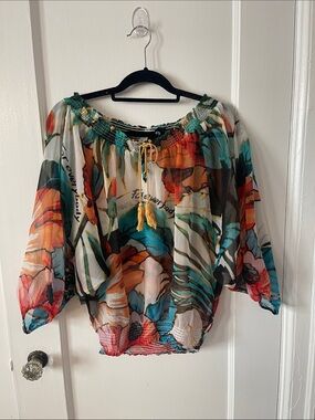 Desigual Sheer Floral Off-Shoulder Blouse in Orange, Teal, Green